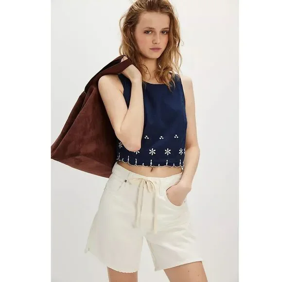 Free People Kayla Solid Embroidered Cropped Blouse Top Floral Cotton XL 280046 - Picture 3 of 7